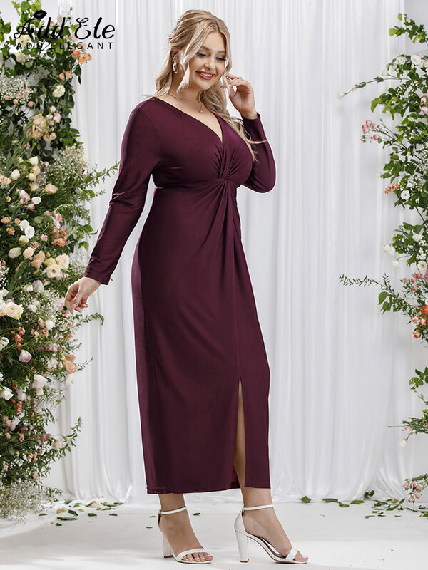Dodaj elegancka sukienka w rozmiarze Plus kobiet 2022 jesienna plisowana połysk Design dekolt w serek stylowy długi rękaw ołówek Bodycon odzież B692