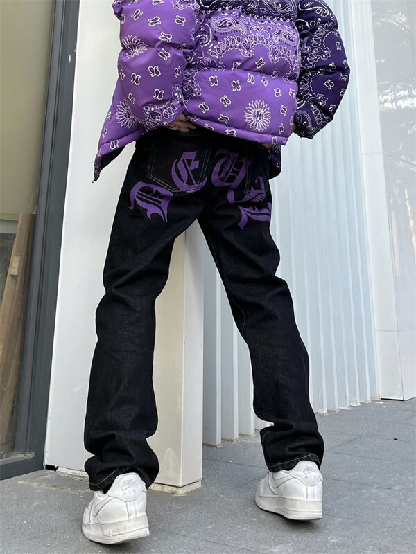 Męskie jeansy Y2k kwiaty nerkowca odzież uliczna Oversize Casual spodnie Punk hiphopowega bluza z nadrukami Baggy Harajuku proste spodnie jeansowe