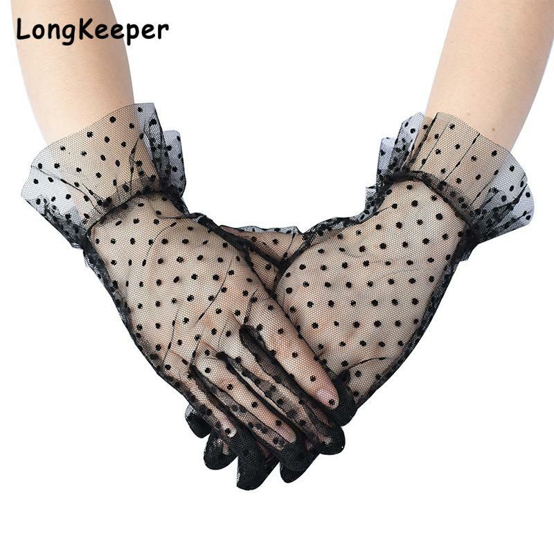 Spring Summer Women Gloves Stretchy Sexy Lace Tulle Full Finger Mittens Lotus Leaf Sheers Elegant Lady Driving Gloves Wedding