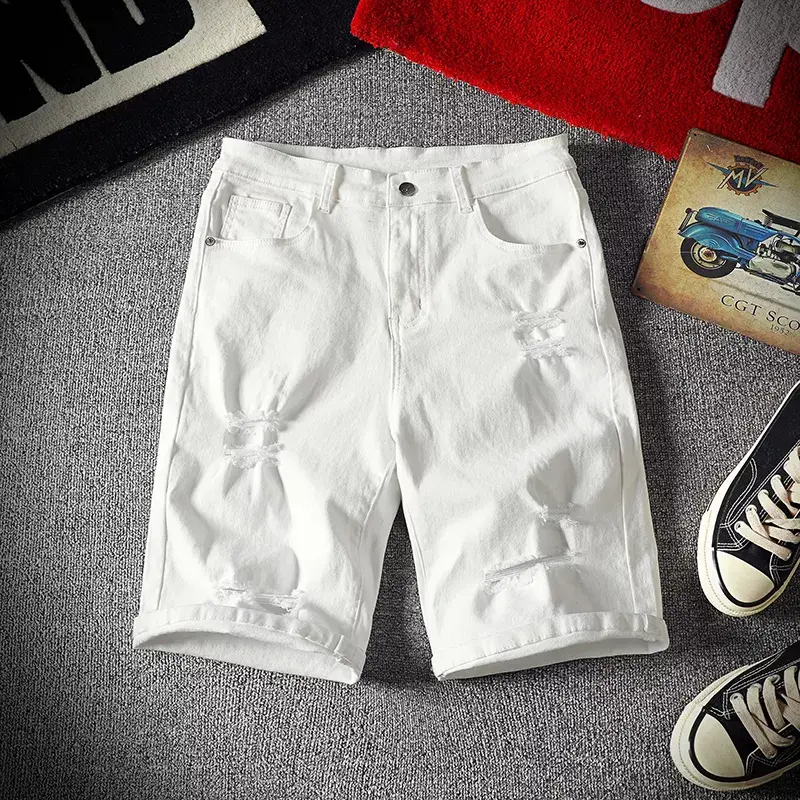 White Denim Shorts Summer Holes Casual Shorts Stretch Jeans Men Cotton Solid Slim Fit Shorts Pants Elastic Knee Length Pants