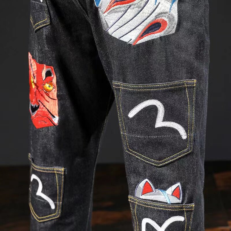 レトロな日本のジーンズ90年代,カジュアルなストレートパンツ,花柄,刺straight,カジュアル