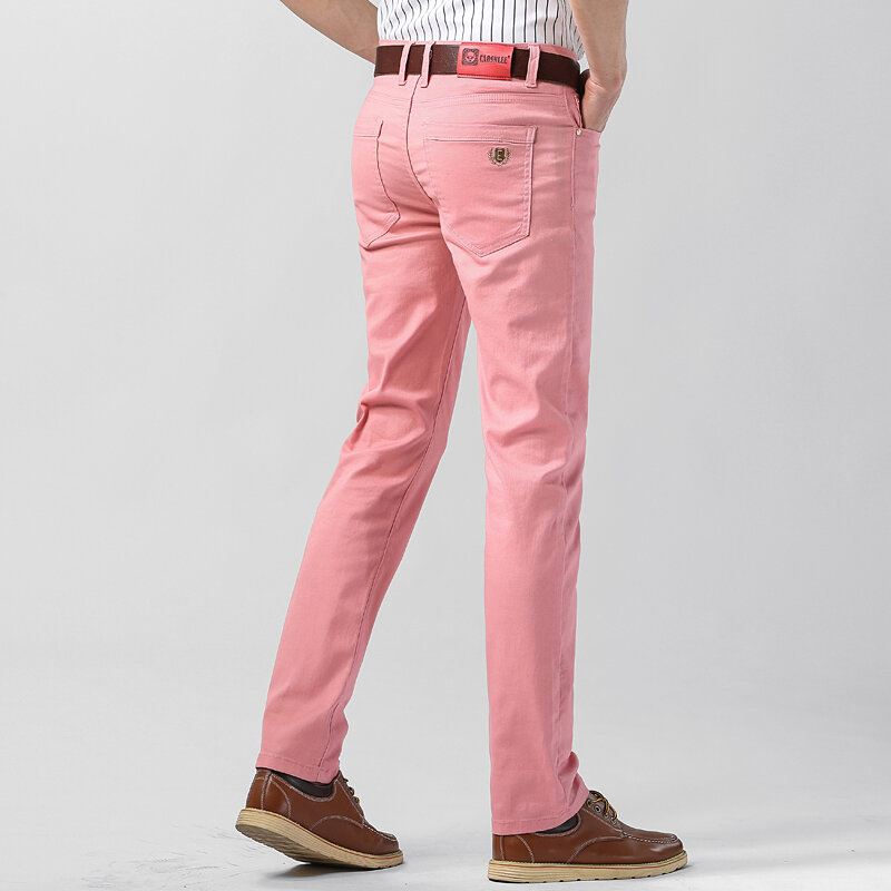 Новинка Осень-зима 2022, мужские желтые джинсы, модные брендовые универсальные розовые повседневные брюки, мужские классические красные джинсовые брюки