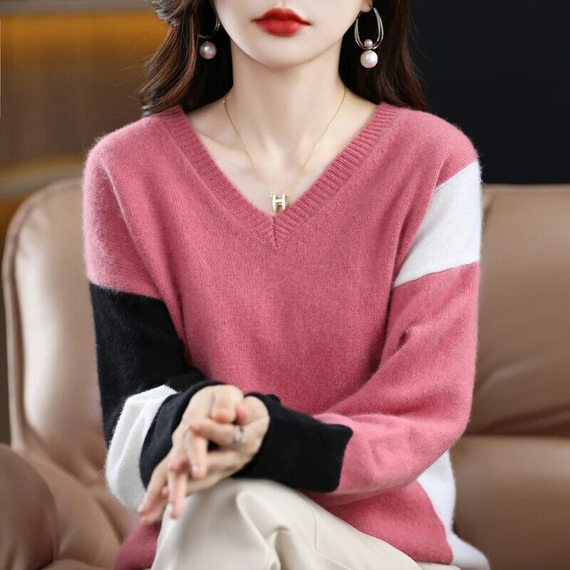 Новый осенне-зимний кашемировый свитер с V-образным вырезом, подходящий по цвету Свободный пуловер, приталенный шерстяной свитер, рубашка с ...