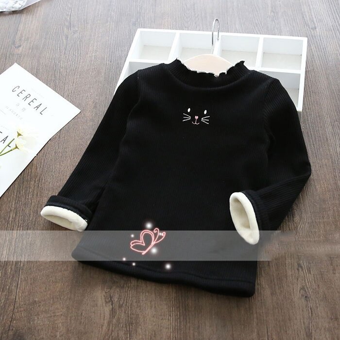 1〜6歳の赤ちゃん用のダブルレイヤーTシャツ,厚手のプリントが施された長袖の冬の漫画の猫,2022
