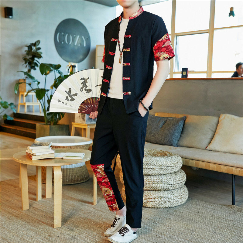Setelan baju celana panjang kasual pria, kemeja celana panjang seragam Kung Fu, mantel Kimono Jepang gaya China tradisional, blus kasual