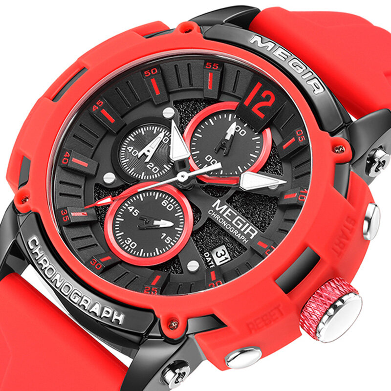 MEGIR-reloj deportivo de cuarzo para hombre, cronógrafo de pulsera, resistente al agua, con correa de silicona roja