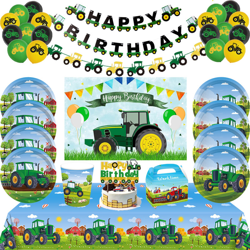 Décorations de fête sur le thème du tracteur vert pour garçons, vaisselle britannique, gobelets, assiettes, serviettes, camion, véhicule, poulet, EbKids, fournitures