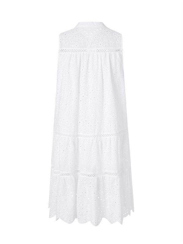 Hirigin Summer Boho biała sukienka plażowa damska Casual bez rękawów sukienka z marszczeniami Party jednolita koronka Hollow Out bezrękawnik z dekoltem w serek Vestidos
