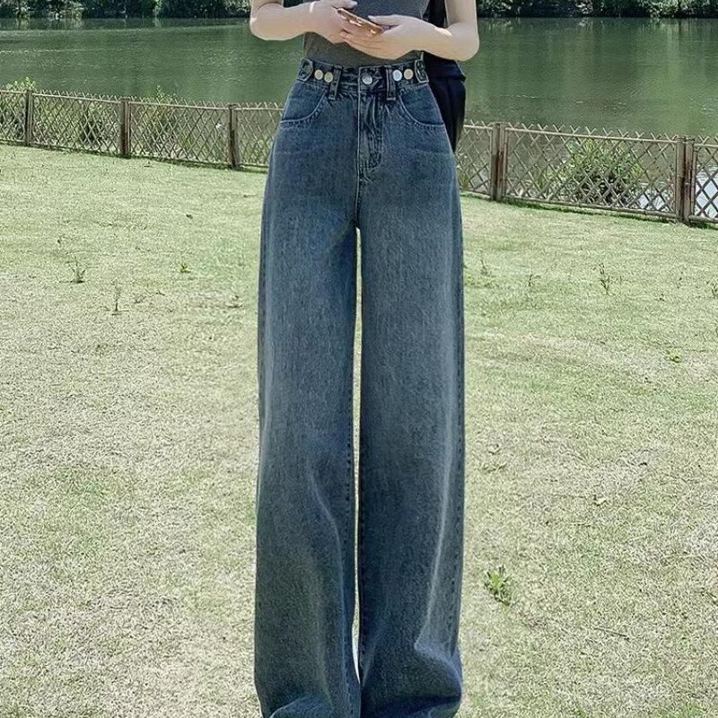 Celana Musim Semi Wanita Pinggang Tinggi Nyaman Fashion Baru Celana Jeans Longgar Kasual Panjang Gaya Celana Jeans Kaki Lebar Denim Longgar L200