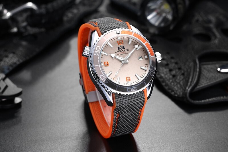 Mannen Automatische Zelf Wind Mechanische Canvas Rubber Strap Oranje Blauw Rood Luxe Horloge