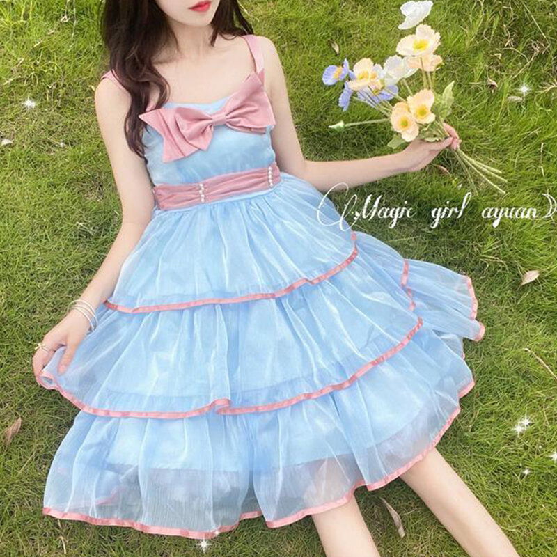 Vestido japonês Lolita JSK para mulheres, vestido de babados em camadas para meninas, vestidos macios para mulheres, arco bonito, festa, verão