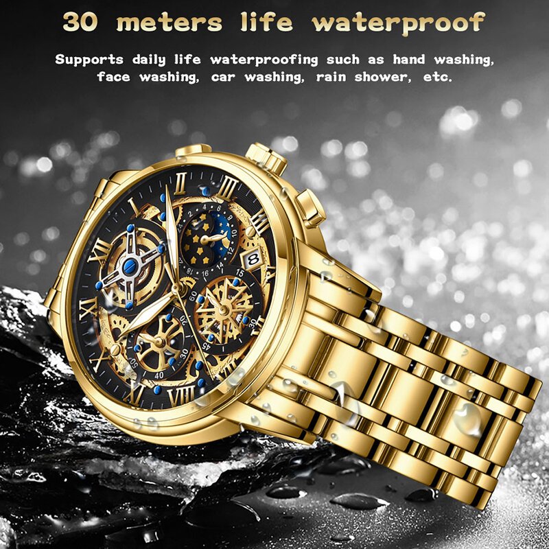 Relogio Masculino LIGE Mens นาฬิกา2022นาฬิกาสุดหรูนาฬิกาข้อมือบุรุษชาย Big Golden Chronograph นาฬิกาข้อมือ Man + กล่อง
