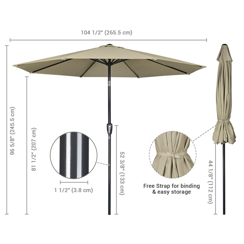 Paraguas resistente al agua para Patio, sombrilla duradera resistente a la decoloración, color caqui, UV50 +, 9 pies