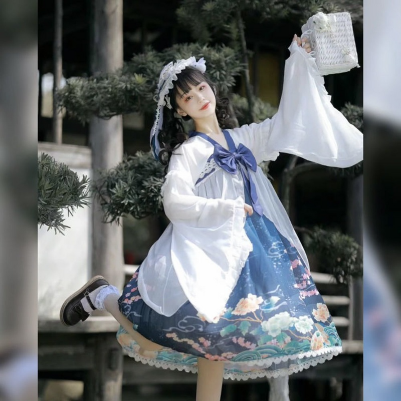 Hanfu 여성은 매일 인쇄 중국어 가슴 길이 봄 여름 일본 과자 로리타 스타일 드레스를 개선
