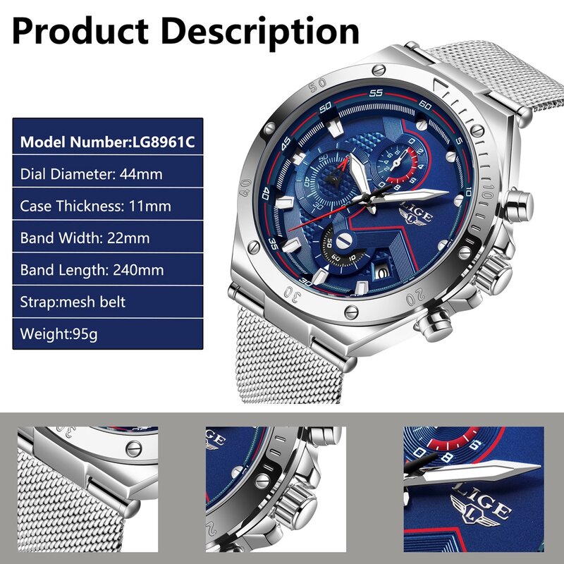 LIGE นาฬิกาข้อมือบุรุษนาฬิกาสุดหรูนาฬิกาข้อมือนาฬิกาควอตซ์สีฟ้านาฬิกาผู้ชายกีฬากันน้ำ Chronograph...