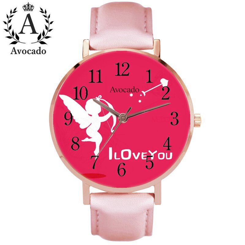 여성을위한 새로운 패션 시계 큐피드 나는 당신을 사랑합니다 로즈 골드 핑크 Pu 가죽 쿼츠 시계