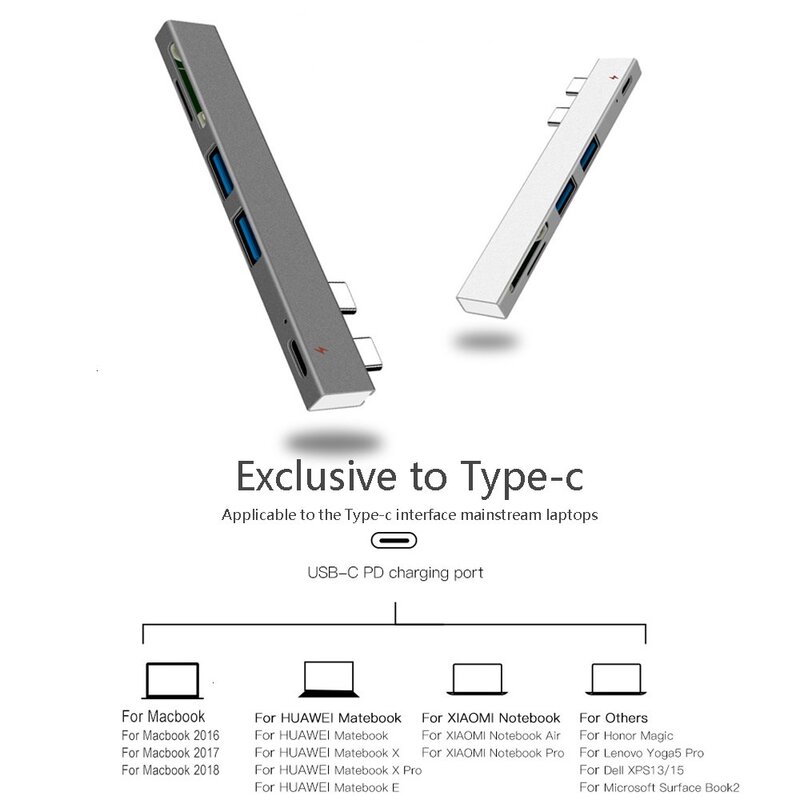 Hub USB tipo C de aleación de aluminio con lector de tarjetas SD/TF, adaptador Hub Multi USB tipo C Compatible con Apple MacBook Pro, ordenador portátil, PC genuino