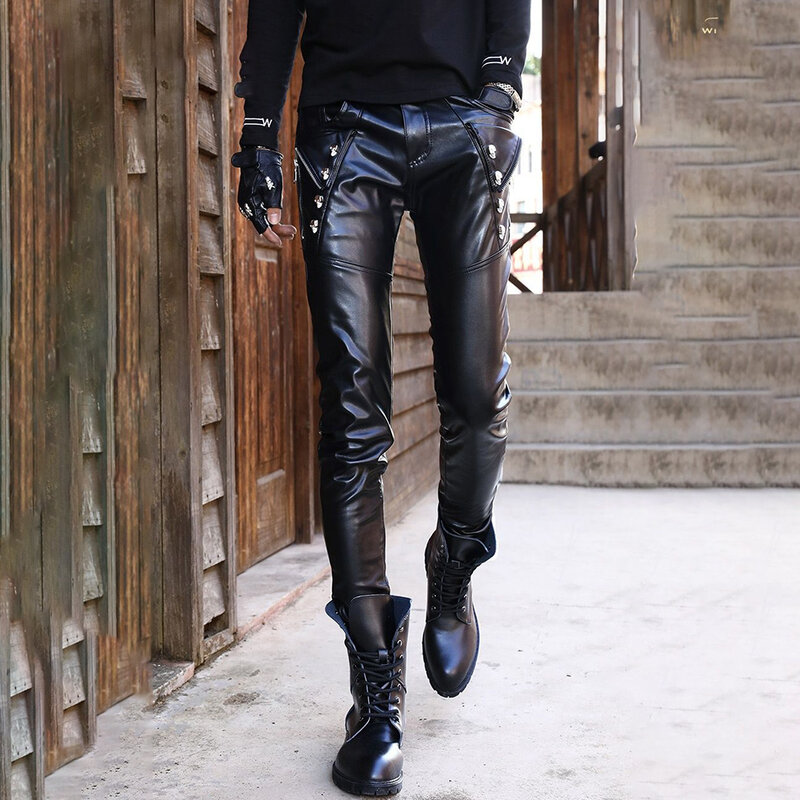 Pantalones de cuero Pu con personalidad para hombre, ropa de calle de motocicleta, Punk, hip hop, gótico, ajustado
