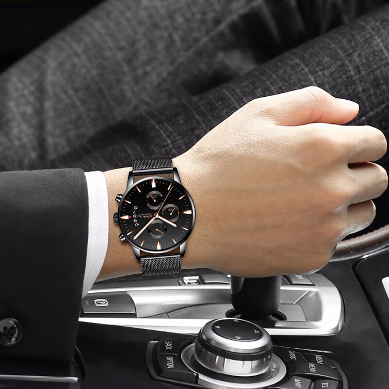 Multifunctional Six Needle Chronograph Man CRRJU Fashion Casual Sports Watches Modern Design Quartz Wrist Men Mesh belt Watch