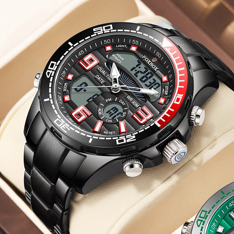 Lige-メンズスポーツウォッチ,ステンレススチール腕時計,大型ダイヤル,デュアルディスプレイ,クォーツ