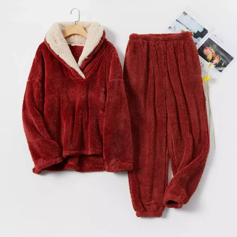 Conjunto de pijama de lana de Coral para mujer, ropa de dormir de franela gruesa, servicio a domicilio, Otoño e Invierno