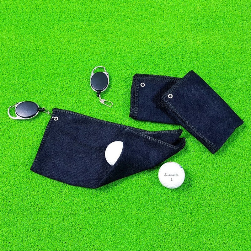 Toalla de limpieza de bolas de Golf cuadradas con gancho, herramienta de llavero retráctil, hebilla, bolas de limpieza negras, toallitas de algodón de Golf, toalla limpiadora