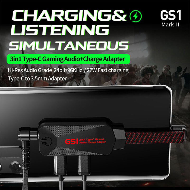 ชุดหูฟังแจ็คสายเคเบิลอะแดปเตอร์ปรับระดับเสียง GS1ชาร์จ USB C 3ใน1 QC Fast ชาร์จโทรศัพท์เกม sound Card
