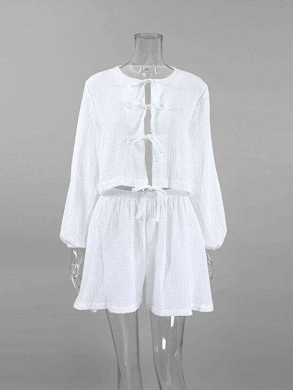 Hiloc-Conjunto de pijama de algodão feminino, manga lanterna, laço, cintura alta, conjuntos combinando, roupa de casa de fenda, sexy, branco, novo, 2023