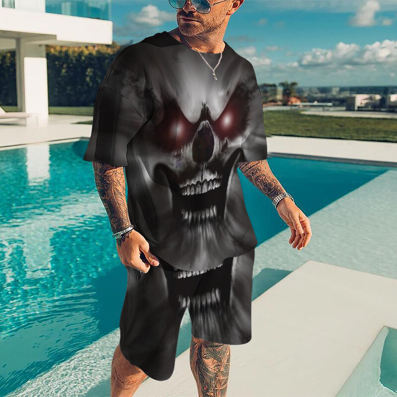 T-shirt col rond pour hommes, imprimé tête de mort en 3D, ensemble décontracté de 2 pièces, surdimensionné, vêtements de sport, survêtement masculin, nouvelle collection été 2022