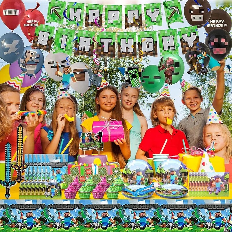 Miner kerajinan Pixel dekorasi pesta ulang tahun termasuk kertas cangkir piring balon taplak meja spanduk untuk anak-anak bayi mandi