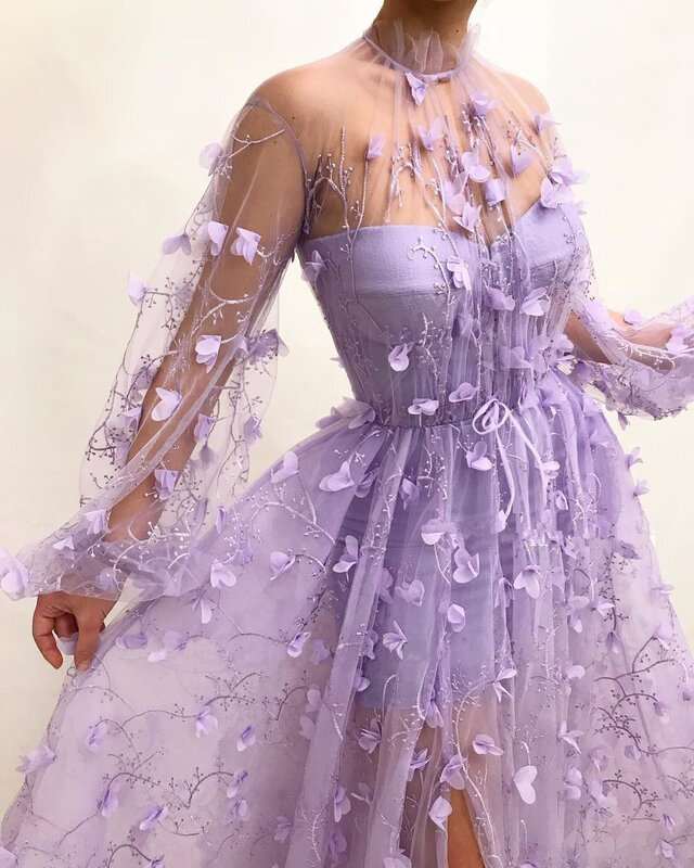 New Fashion Floral Long Sleeve Women Autumn Long Party Dress  Sexy Mesh Tulle Purple Maxi Dress Celebrity Host Party Dress