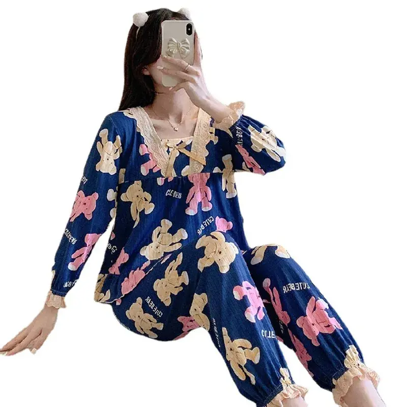 Пижамный комплект женский с леопардовым принтом, хлопковый комплект для дома с длинным рукавом, одежда на весну и лето, Осень-зима