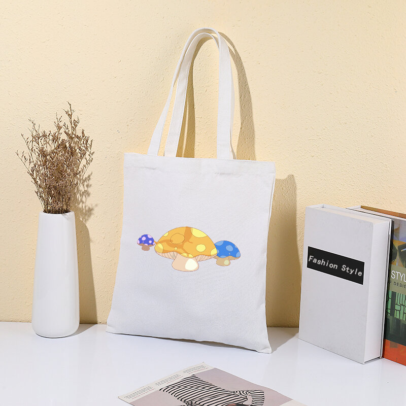 Yambuto Mushroom Pattern Men's Shopping Bag Handbag Eco-friendly Storage Canvas Bag Foldable Reusable Shoulder Bag