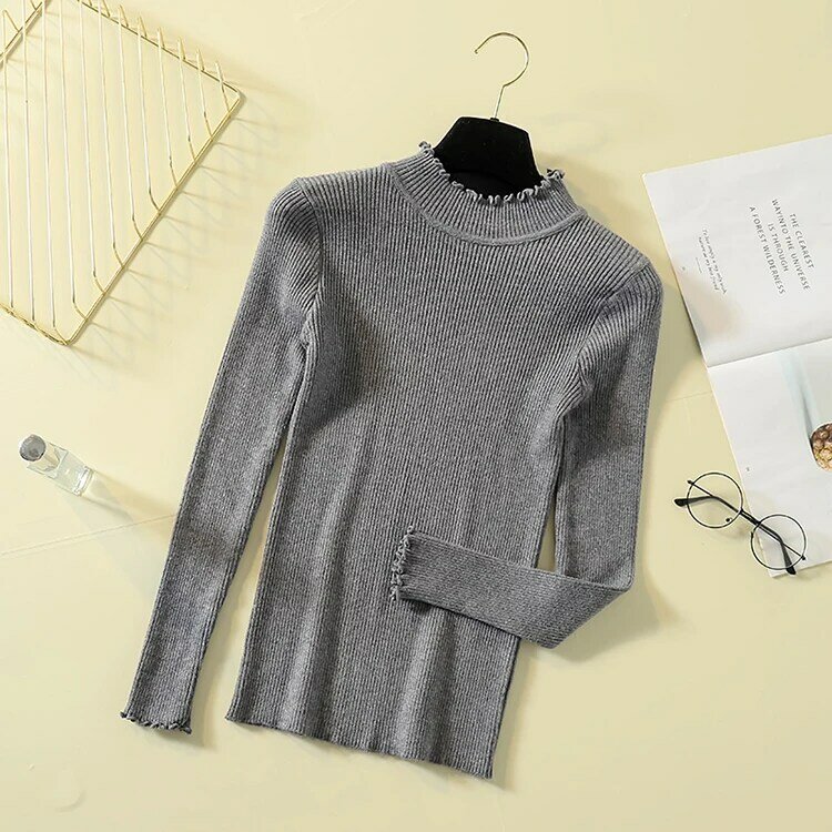 女性用長袖セーター,韓国版,秋冬,スリムニット,ベース付き,2022