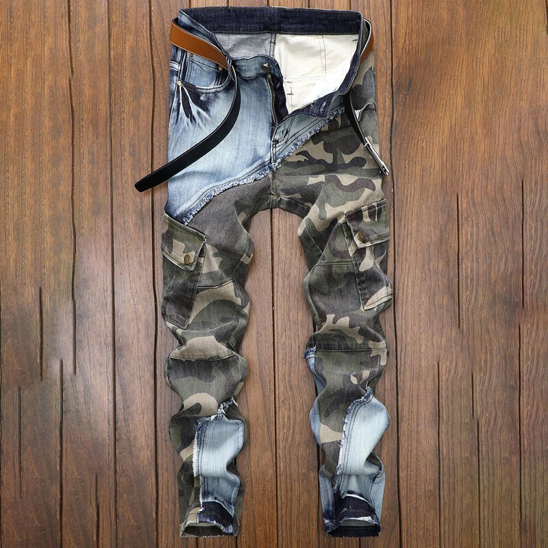 Hohe Qualität Männer Ripped Slim Fit Jeans Motorrad Vintage Camouflage Demin Hip Hop Punk Patchwork Farbe Kontrast