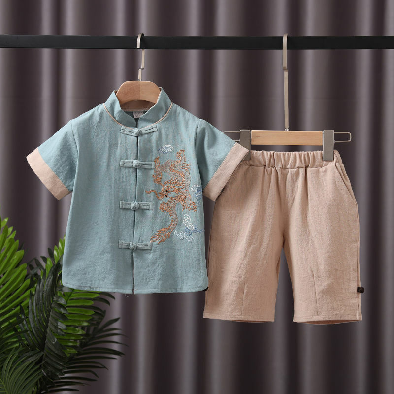 17 Styles Summer Chinese Cotton Linen Delicate Embroidery Stand Collar Short Sleeve Tang Suit Boys Baby Chinese New Year Clothes