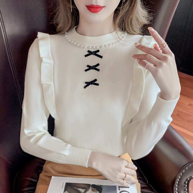 Women Clothes Knitted Sweater Splicing Ruffle Beading Long Sleeve Autumn Winter Bowknot Pullover Ladies Tops Jumper Sueter 606E