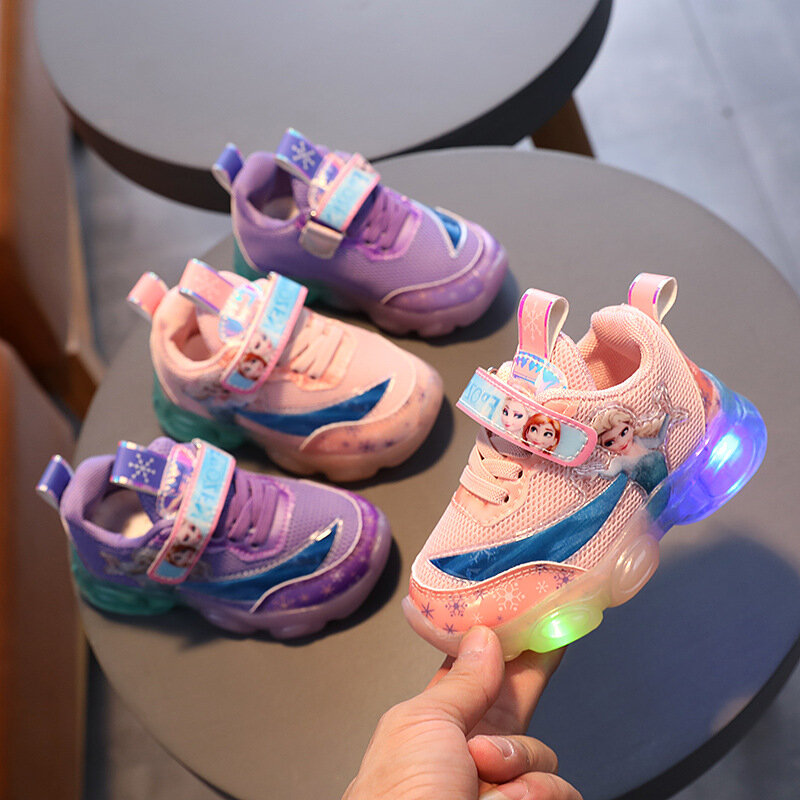 Disney Baby Kids Frozen Kids Light Boots Girls Children's Led Anna Elsa Casual Sneakers Soft Anti-Slip Running Sports Shoes