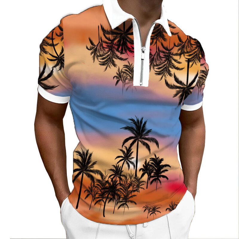 Polos de verano para hombre, camisetas casuales con estampado de playa hawaiana, moda para hombre, nuevo estilo de manga corta decorativa con cremallera, 2022