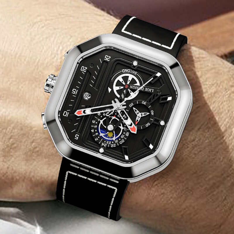LIGE Top marka zegarki męskie luksusowy kwadratowy zegarek kwarcowy moda wodoodporny chronograf świecący zegarek dla mężczyzn Reloj Hombre