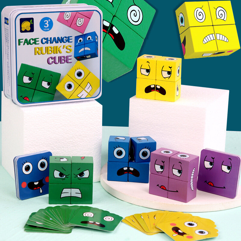 ألعاب مكعبات خشبية متغيرة للوجه للأطفال ألعاب ألغاز للرسوم المتحركة لعبة ألغاز مونتيسوري بانوراما لعبة تعليمية لوحة ألعاب عائلية