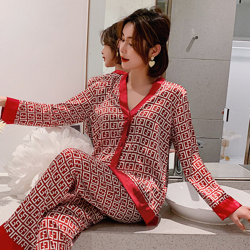 Silk Pyjamas frauen Langarm Hosen Zwei Stück Eis Silk Pyjamas Fashion Silk Damen Lose Beiläufige Luxus Damen Homewear