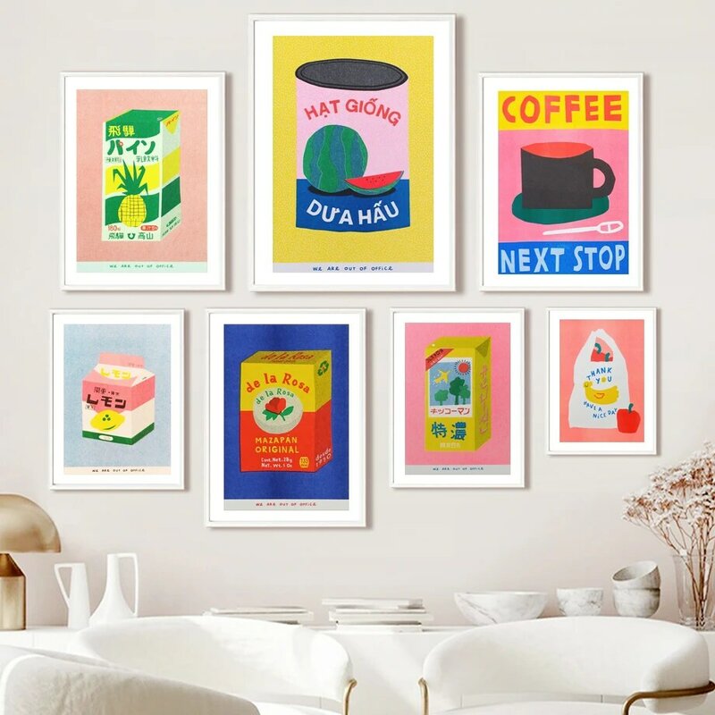 Японская Настенная картина в виде ананаса, сока, кофе, арбуза, консервированная картина, скандинавский постер, картина в упаковке, декор для ...