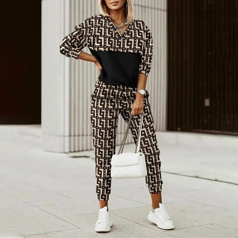Women Tracksuit 2 Piece Set Casual Long Sleeve Patchwork Print Hooded Pullover +Pencil Pants Suit Office Lady Outfits Streetwear