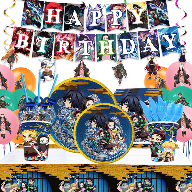Decoración de fiesta de cumpleaños de Demon Slayer, juego de manteles, decoración de pastel, regalo de cumpleaños