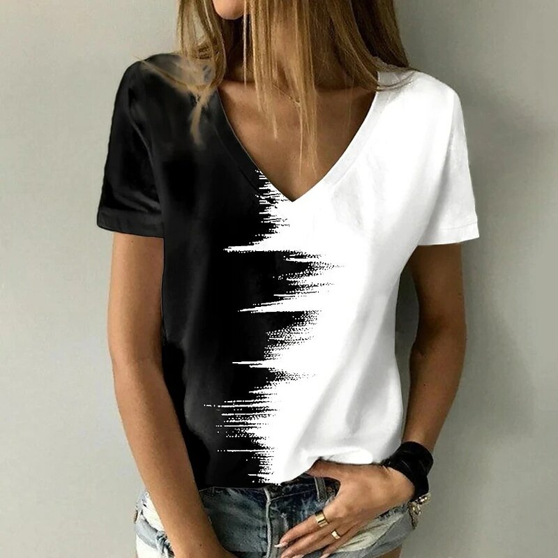 2022 Nieuwe Zomer Vrouwen 3D Print Schilderij T-shirt Casual Losse Colorblock Print V-hals Basic Top Shirt Trui