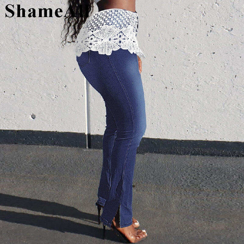 Plus Size Floral Lace Patchwork High Waist Stretchy Skinny Jeans 4XL Sexy Club Split Embroidered Distressed Denim Pencil Pants