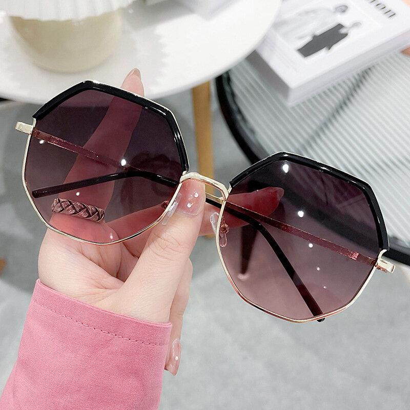 Fashion Gradient Sunglasses UV400 For Women Polygonal Metal Large Frame Personality All-Match Street Style Sun Shade Glasses