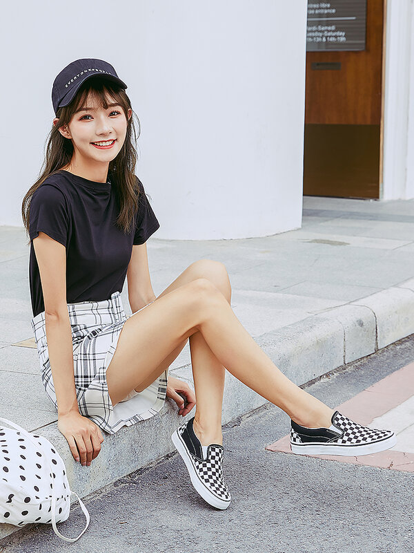 Huanqiu vulcanized lona casual sapatos femininos checkerboard loafers 2022 rasa baixo-topo tênis respirável e confortável sapatos