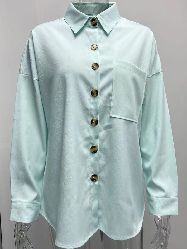 Camisa de gran tamaño con cuello vuelto para mujer, blusa elegante informal, camisa holgada de Color sólido, Top de manga larga 2022